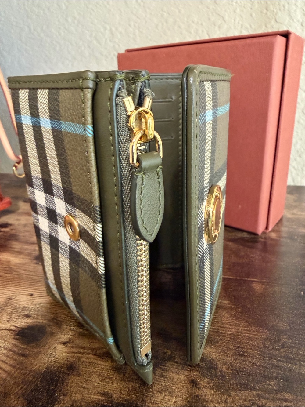 Burberry Olive Plaid Trifold Wallet with Light Blue Accents - Picture 6 of 8